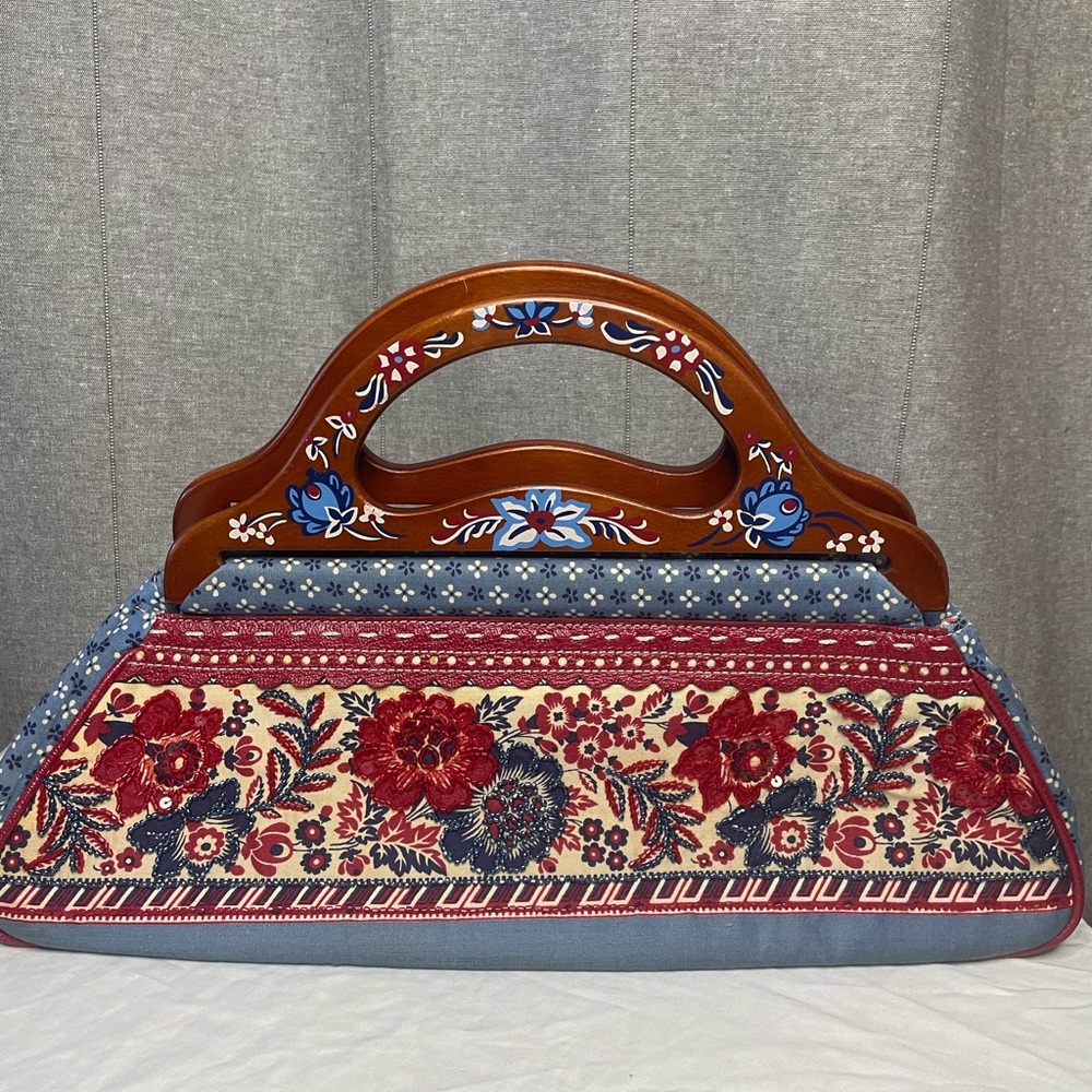 Vintage Isabella Fiore Multi-color
Beaded and Hand Painted Wood
Handle Handbag